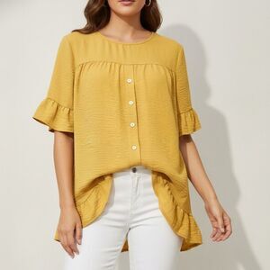 Yellow Ruffled Sleeve Blouse with Button Details